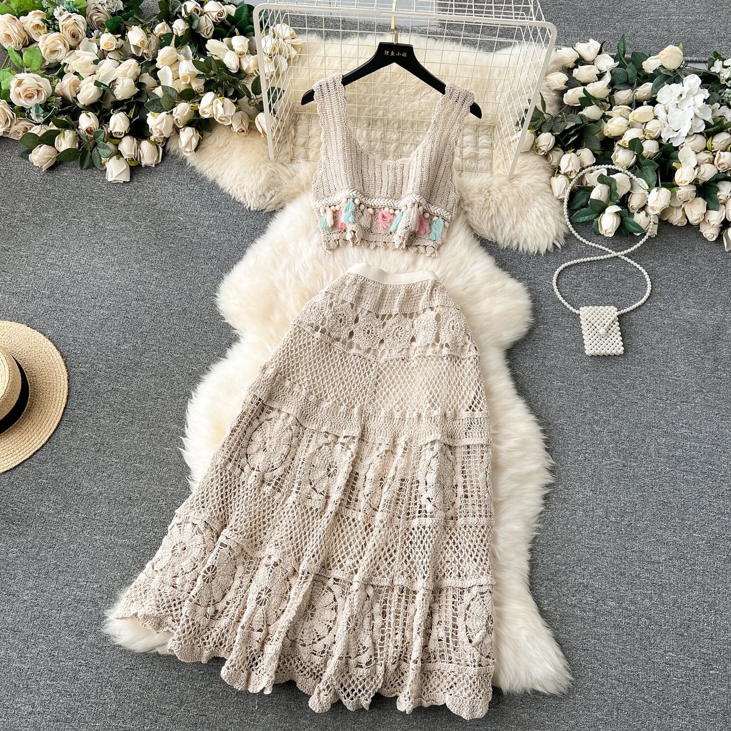 Bohemian Vintage Knit Two Piece Tank Tassels Crop Tops+Loose Hooked Hollow Out Skirt Beach Outfit