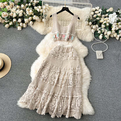 Bohemian Vintage Knit Two Piece Tank Tassels Crop Tops+Loose Hooked Hollow Out Skirt Beach Outfit