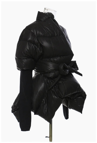 Women's Cotton-padded Coat Belt Irregular Waist Camouflage Knitted Sleeve Parkas Jackets Winter Jackets