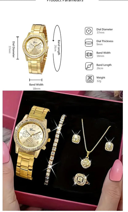 5 PCS Set Gold Watch Women Luxury Ring Necklace Earrings Rhinestone Fashion Wristwatch