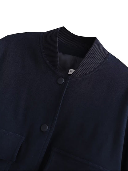 Solid Bomber Jackets Coat With Pockets V-Neck Single Breasted Long Sleeves Jacket