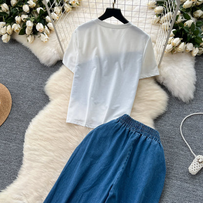Women Denim pant sets Design Matching Color Short-sleeved T-shirt Tops + High-waisted Casual Pants