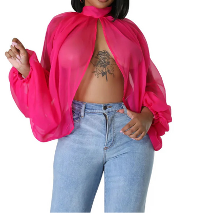 Womens Chiffon Blouse Sexy See Through Lantern Sleeve Front Back Open High Neck Blouses Tops