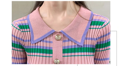 Stripes Knitted Dress Women Slim Elastic Bodycon Party Sweater Dresses