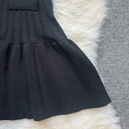 Chic Knitted Mini Dress Elegant Black Ruffled Party Dress