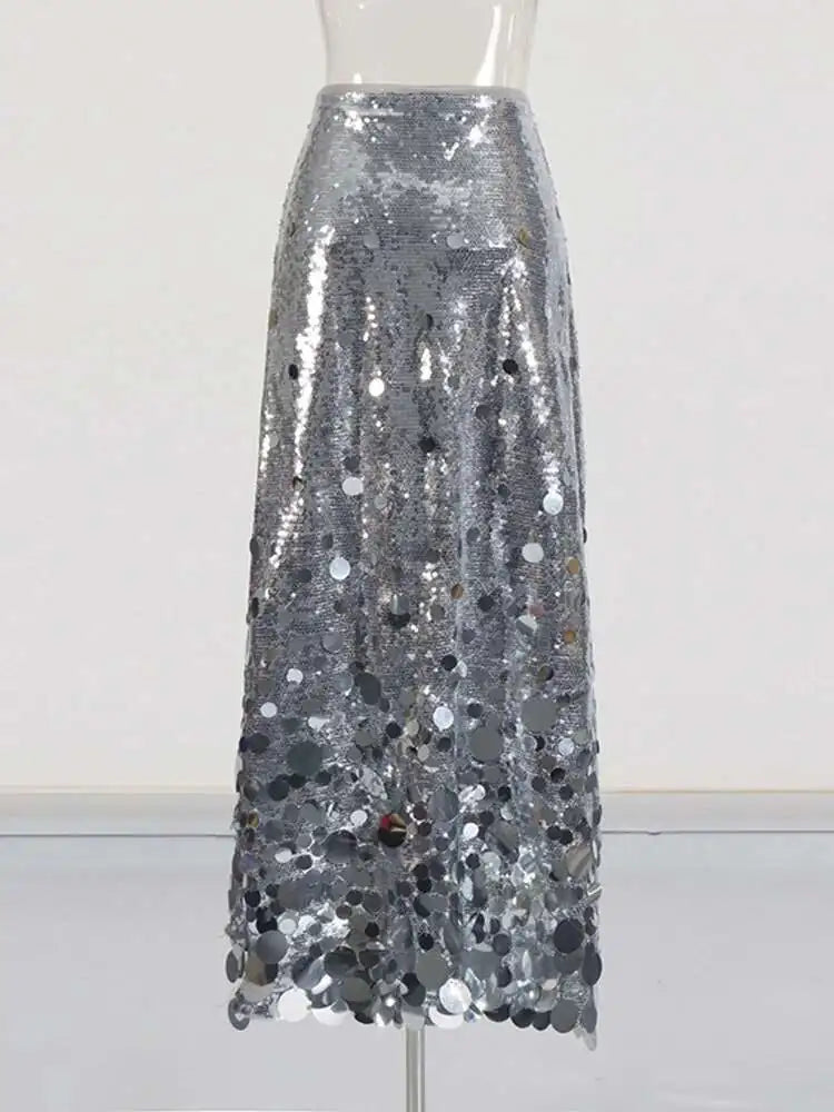 Solid Patchwork Sequins Chic Skirts For Women High Waist Zipper A Line Skirts