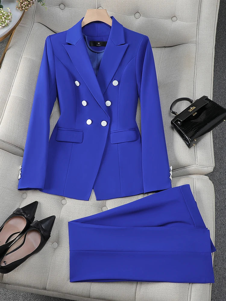 Women Formal Pant Suit 2 Piece Set Women Female Long Sleeve Triple Breasted Business Work Wear Blazer Jacket And Trouser