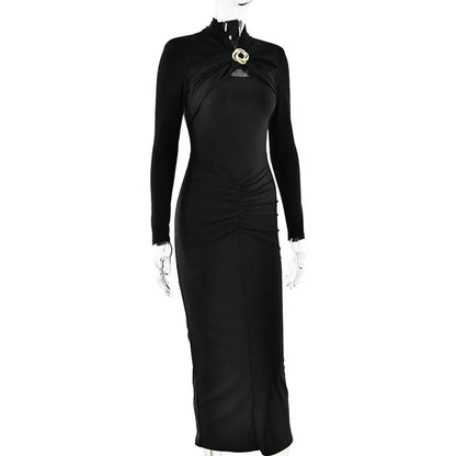 Hollow Out Long Sleeve Maxi Dress For Women Metal Buckle Bodycon Cocktail Dress