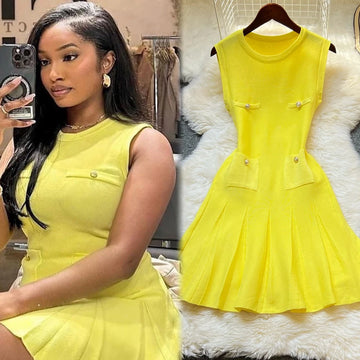 Chic Summer Pleated Short Dress Women O-neck Slim Waist A-line Party Mini Dress