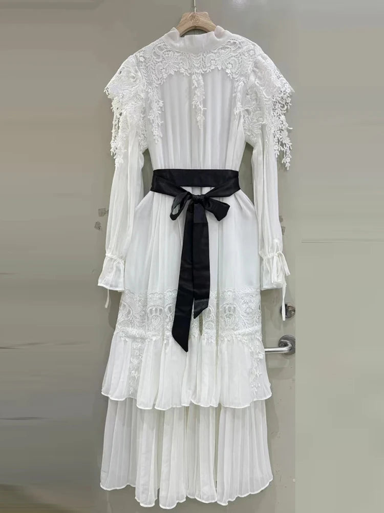 Sexy Long Sleeves Lace Patchwork Maxi Dress Women Red O Neck Folds A-line Cocktail Gown