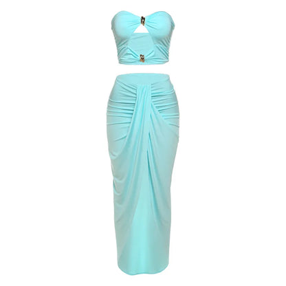 Hollow Metal Buckle 2 Piece Set Resort Wear Women Y2K Split Maxi Skirt Matching Clubwear Outfits