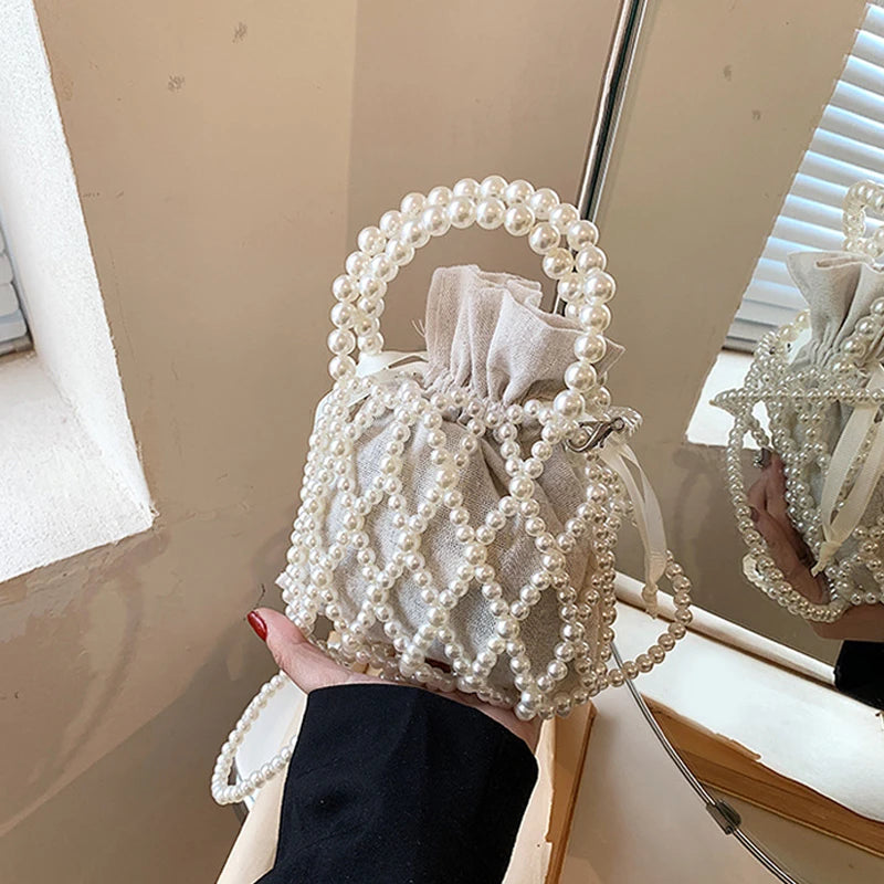 Luxury Pearl Women Bucket Tote Bag Woven Pearl Crossbody Bags for Women Small Wallet