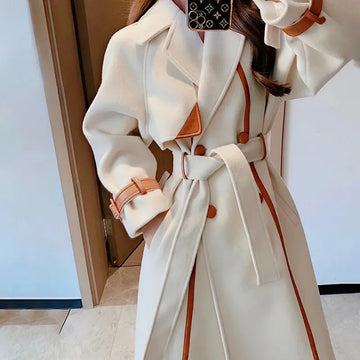Woolen Coat For women Temperament Lapel Color blocked Thick Wool Overcoat