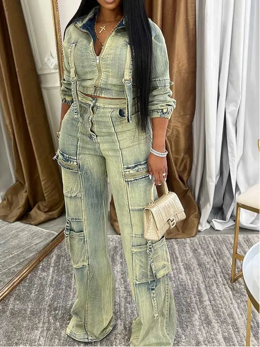 2 Piece Set for Women Long Sleeve Denim Jacket and Jeans Streetwear