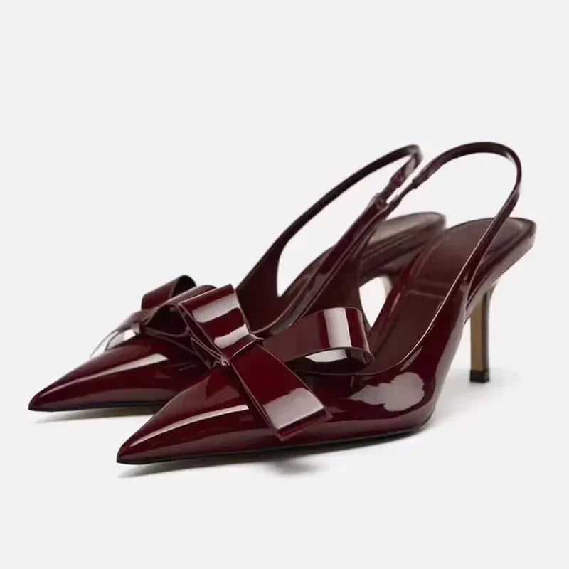 Butterfly-Knot Ladies High Heeled Sandals Elegant Pointed Toe Burgundy Sling back Heels