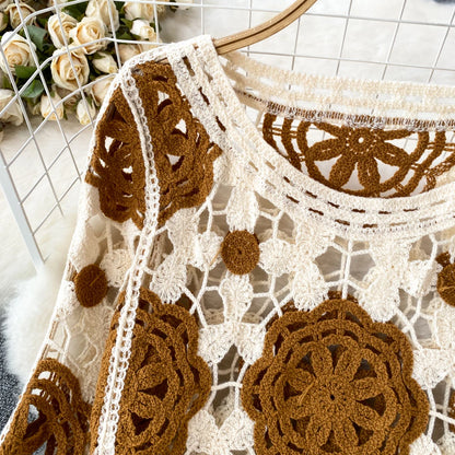 Sunscreen Hook Summer Knit Top Women Elegant O Neck Hollow Out Lantern Sleeve Ladies Vacation Tassel Beach Blouse