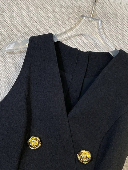 French Elegant Sleeveless A-Line Tunic Blouse Black Classic Gold Button