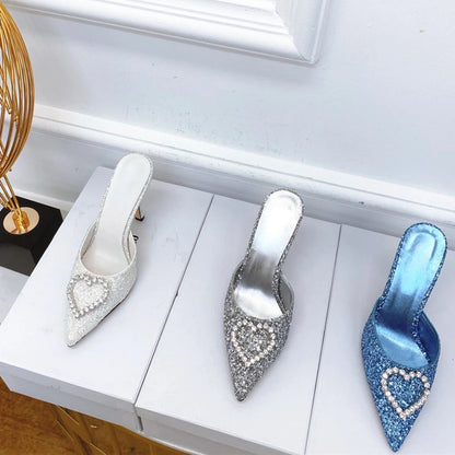 Shallow Mouth High-heeled Women's Shoes Love Rhinestone Shining Thin Heel Pump Slippers
