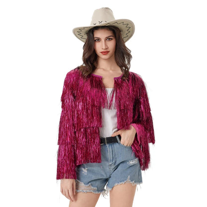 Tinsel Women Coat Temperament Club Coat Long Sleeve Trendy Fashion Sequins Tassel Jacket