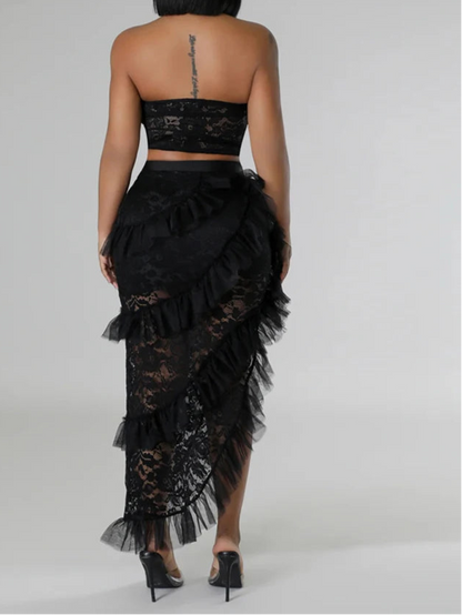 Two 2 Piece Sets for Women White Lace See Through Sleeveless Strapless Top and Ruffles Long Skirt Set