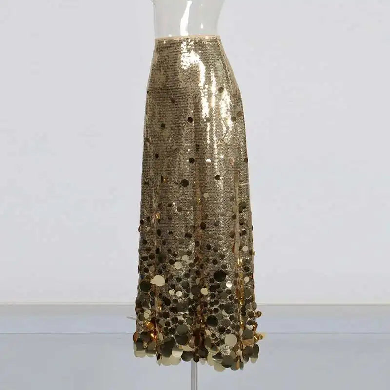 Solid Patchwork Sequins Chic Skirts For Women High Waist Zipper A Line Skirts