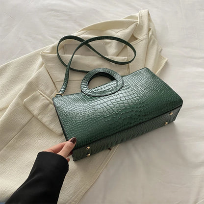 Women's Crocodile Pattern PU Leather Handbags Green Square Bag