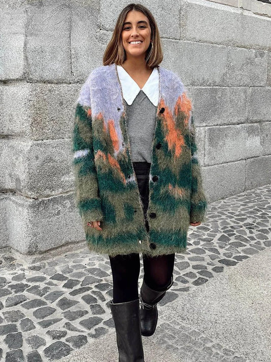 Knitted Printed Cardigan Loose Colorful V-neck Vintage Landscape Pattern Single Breasted Sweater