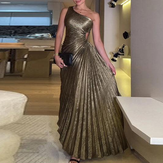Elegant Diagonal Collar Asymmetric Party Dress New Women Sleeveless Slim Maxi Dress