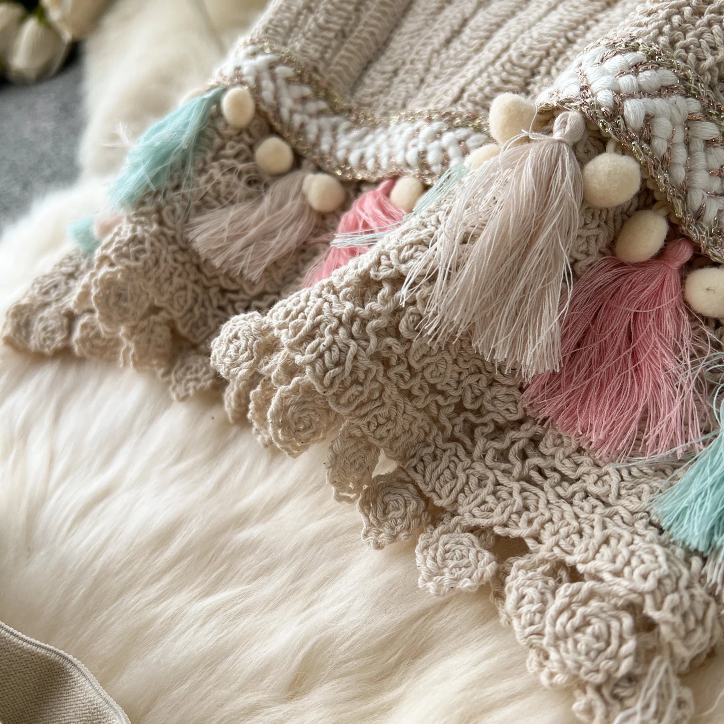 Bohemian Vintage Knit Two Piece Tank Tassels Crop Tops+Loose Hooked Hollow Out Skirt Beach Outfit