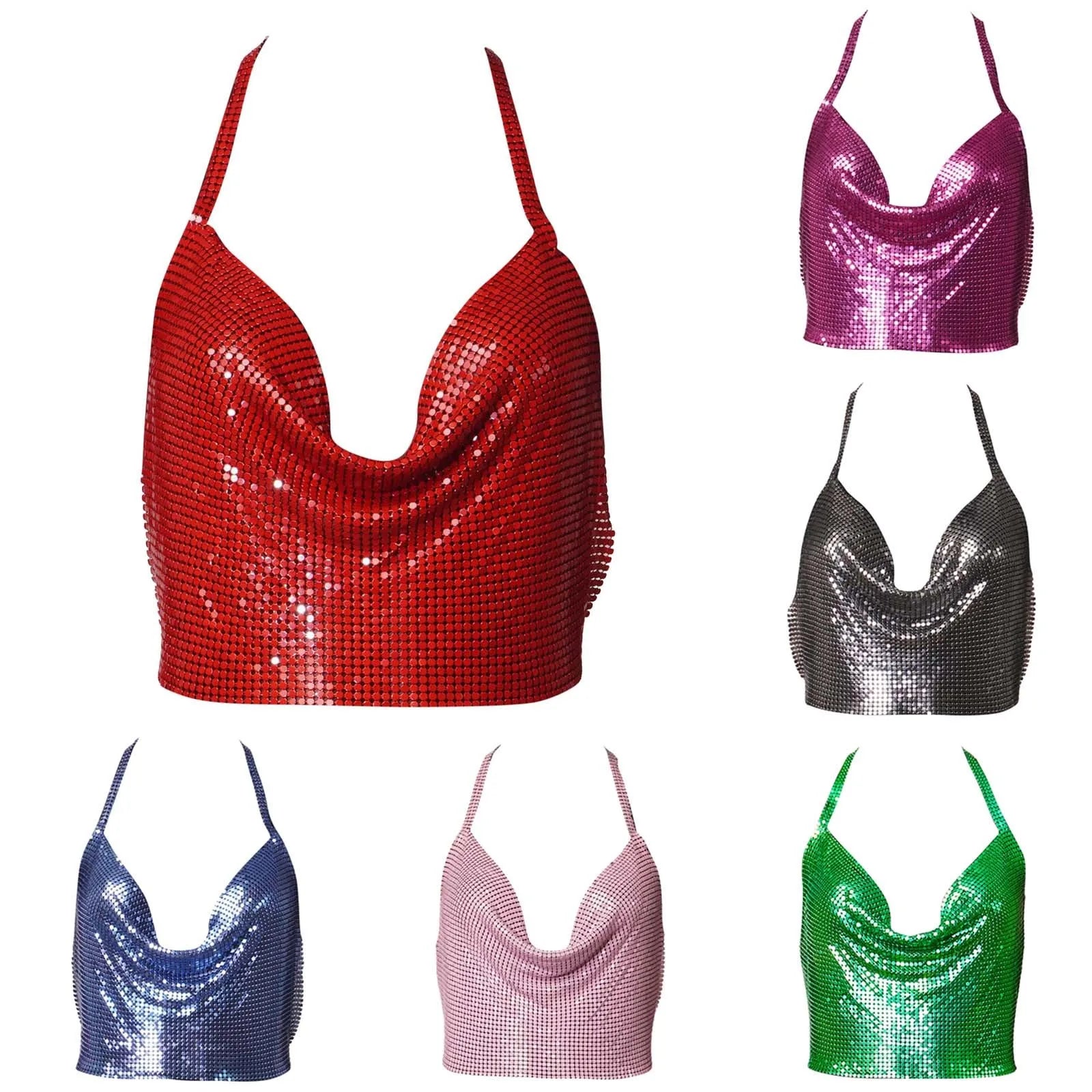 Sexy Sequins Metal Crop Tops Women Suspenders Halter Backless Night Club Tank Top