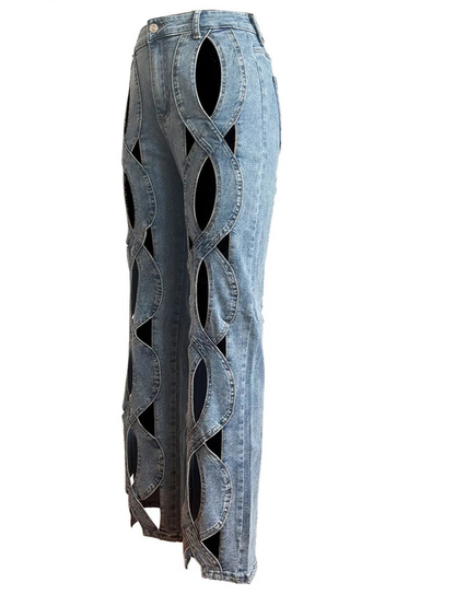 Stretchy Cross Hollow Out Loose Denim Cargo Pants for Women