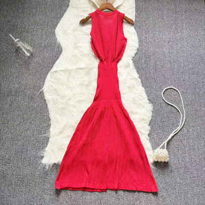 Casual Knitting Long Dress Women Buttons V Neck Hook Flower Hollow Out Chic Maxi Long Dress