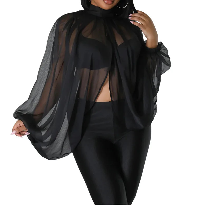 Womens Chiffon Blouse Sexy See Through Lantern Sleeve Front Back Open High Neck Blouses Tops