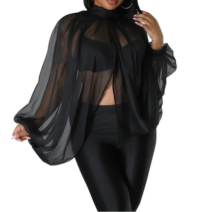 Womens Chiffon Blouse Sexy See Through Lantern Sleeve Front Back Open High Neck Blouses Tops