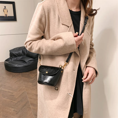 Retro Bucket Crossbody Bags For Women Oil-waxed Leather 2-IN-1 Chain Shoulder Bag