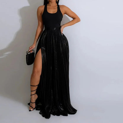 High Side Split Big Swing Pleated Floor Length Skirt High Waist Maxi Skirts