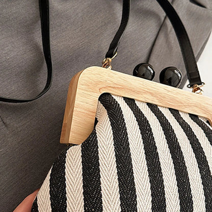 Retro Striped Wooden Clip Shell Bags for Women Messenger Bag Black and white