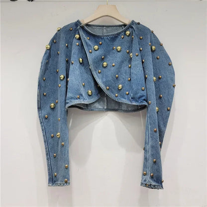 Women Rivets Long Lantern Sleeve Denim Coat Short Pearls Top Bomber Jacket Cowboy Jacket