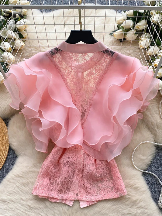 Ruffle Blouses Women French Style Single Breasted Lace Patchwork Shirt Summer Top