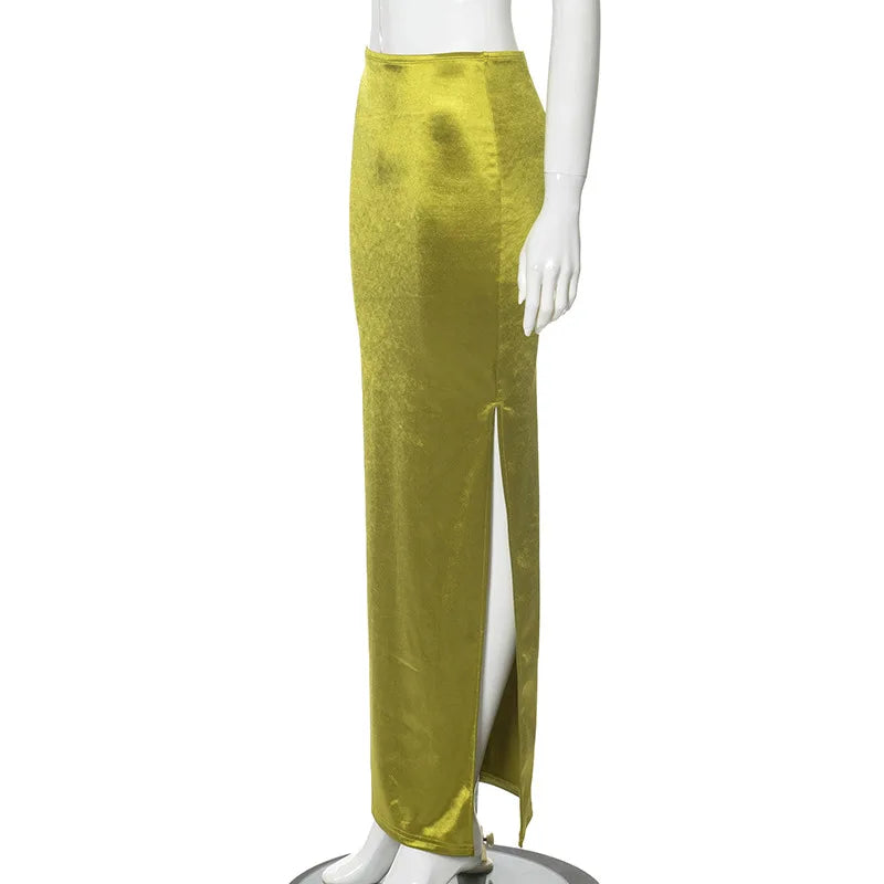 Shiny High Waist Hip Skirt Sexy Side Slit Bodycon Maxi Skirts Club Bottoms