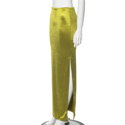 Shiny High Waist Hip Skirt Sexy Side Slit Bodycon Maxi Skirts Club Bottoms