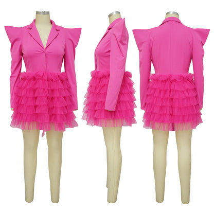 Mesh Paneling Solid Right Shoulders Long Sleeves Cake Dress For Women