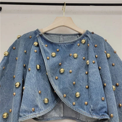 Women Rivets Long Lantern Sleeve Denim Coat Short Pearls Top Bomber Jacket Cowboy Jacket