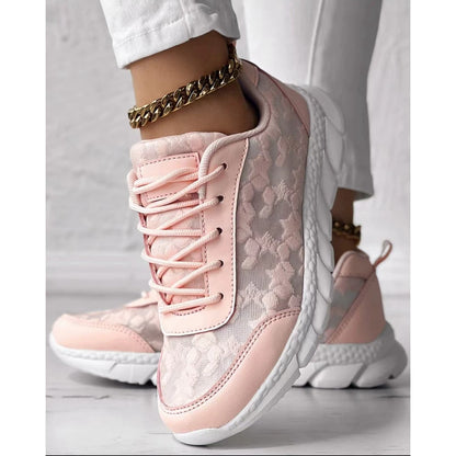 Women Star Pattern Lace-up Breathable Sneakers Daily Casual Round Toe White Sports Shoes Running Shoes