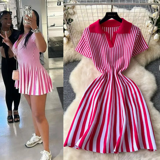 Sweater Striped Dress Knit Dresses Ruffles Party Casual Elegant Knitted Y2k Streetwear