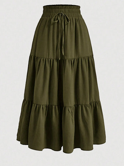 Women's Patchwork Solid Color Loose Skirt; Commuting Casual Cake Skirt; Elastic Waist Elegant Skirt