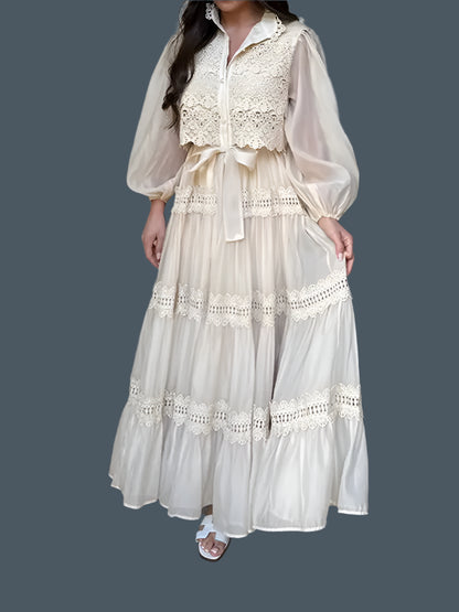 Long Sleeve Hollow Out Floral Dress Women Elegant Lapel Lantern Sleeves Maxi Dresses