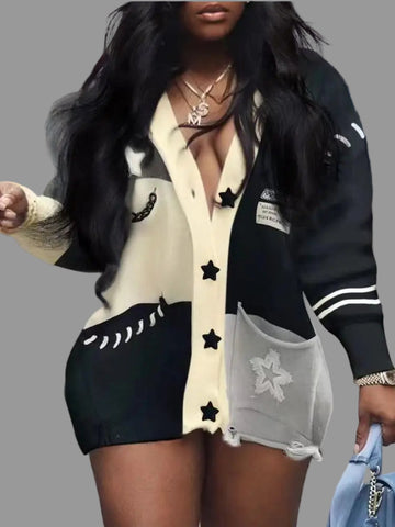 Black and White Knit Patchwork Oversized Cardigan Hipster V-Neck Full Sleeve Sweater