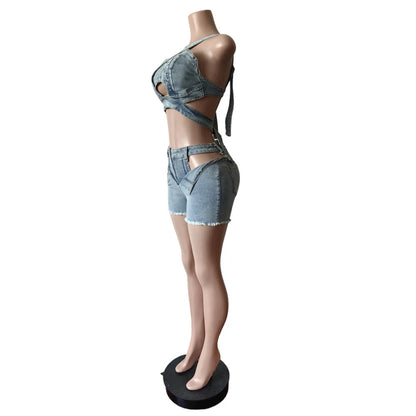 Sexy Jean Women Short Sets Straps Denim Crop Top and Cut Out Shorts Coachella Outfit