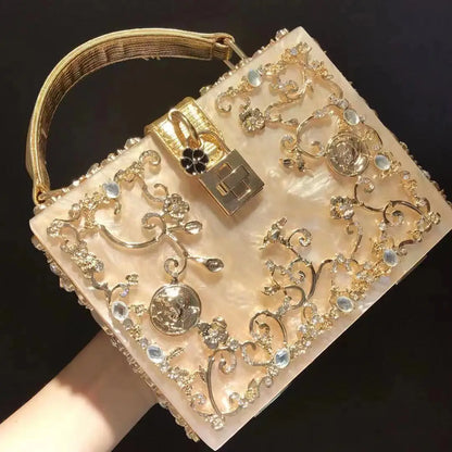 High-Grade Crystal Evening Bag Female New Hollow Out Metal Carved Flower Diamond Handbag